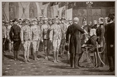 The inspection of colonial soldiers at Windsor Castle by Queen Victoria, 16th November, 1900